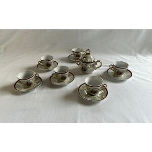 Vintage China Tea Set & Sugar Bowl, Set for Six, Gold Trim, Cups, Saucers